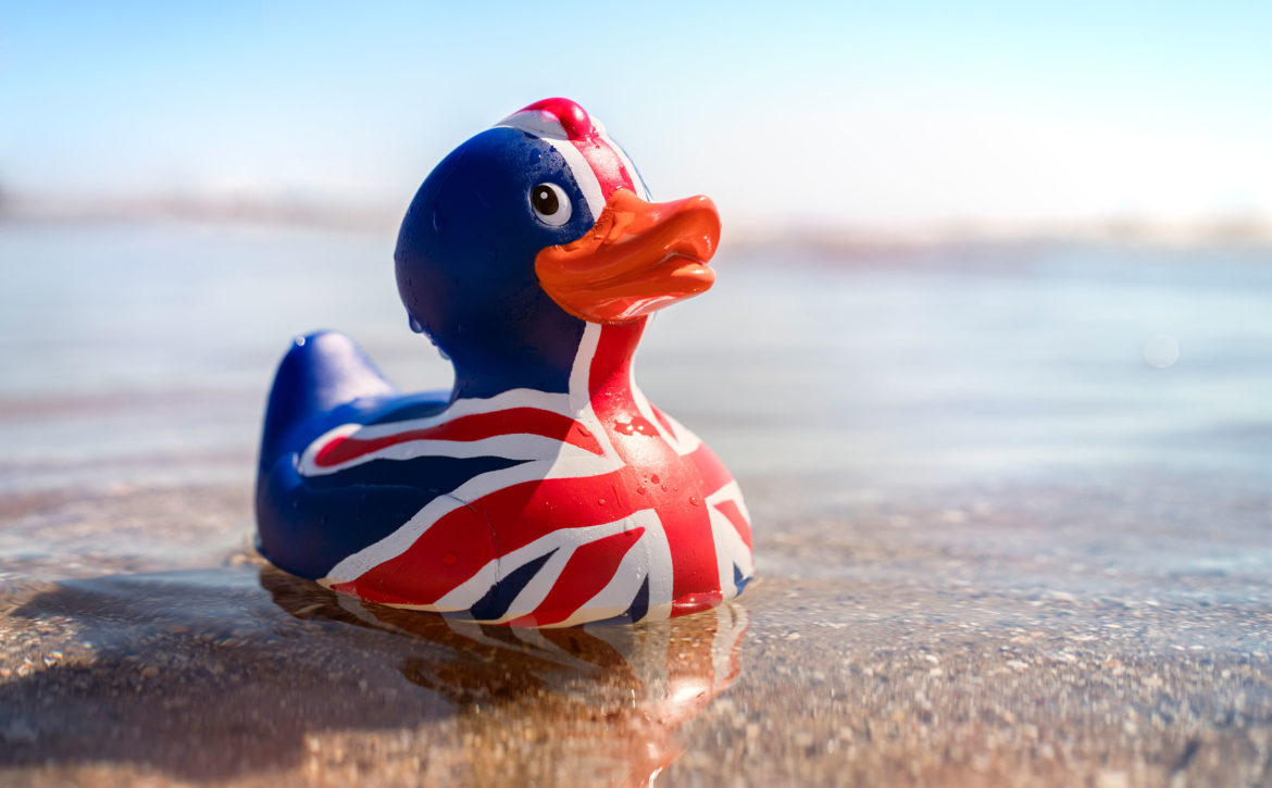British flag rubber duck in the sea